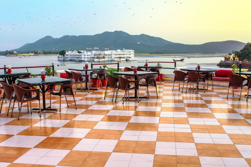 Outdoor rooftop restaurant in Udaipur 